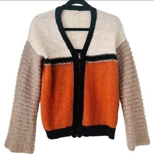 ANTHROPOLOGIE ORIANA Mohair Zip Cardigan⭐️Orange Color-block Sz L⭐️Made in Italy